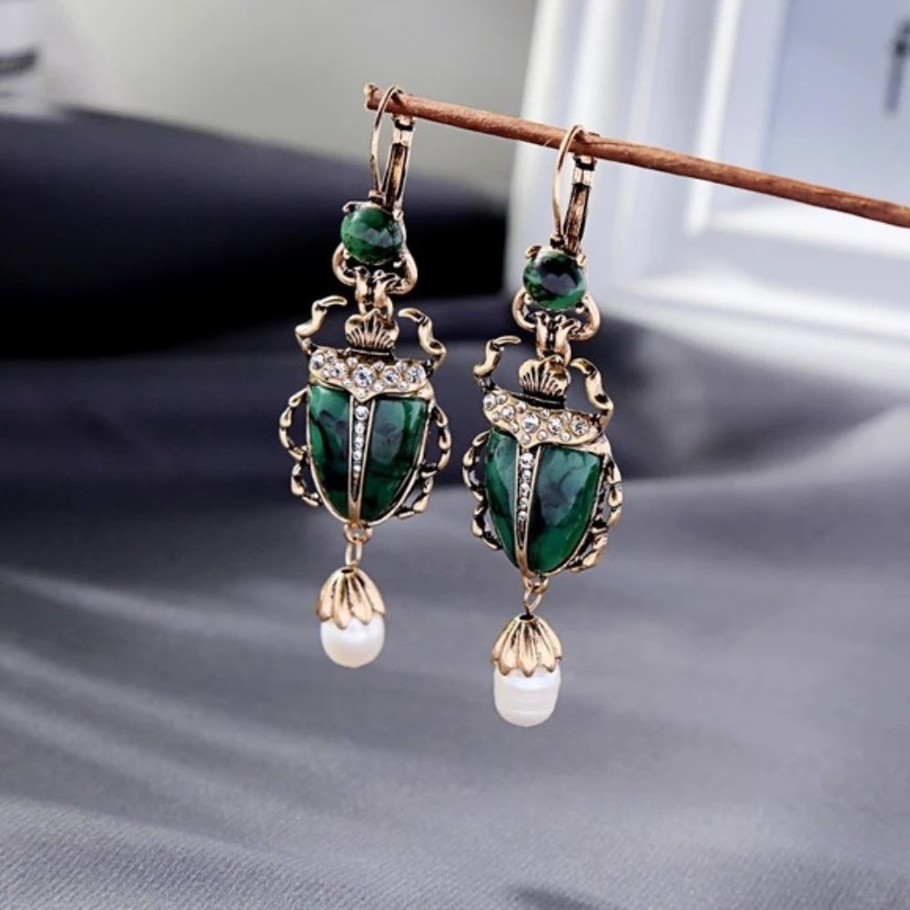 Anthropologie Green Scarab Earrings - Picture 3 of 6